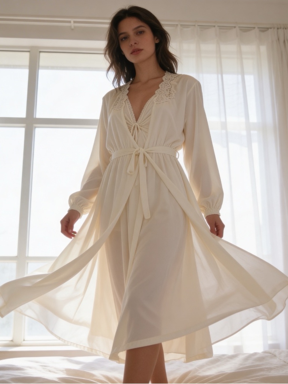 Vintage 70s Miss Elaine Ivory Peignoir Set Nightgown Robe ILGWU